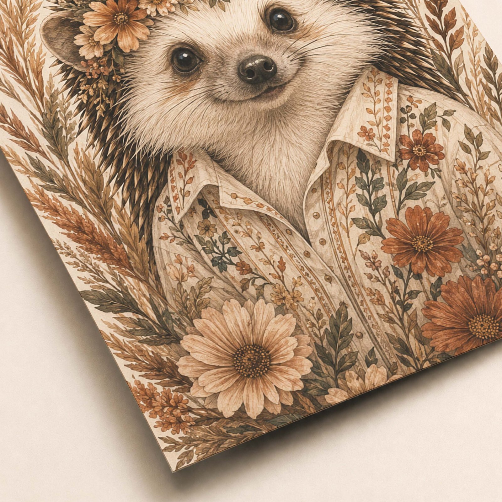Zoom sur le hérisson illustré et les détails floraux de l’affiche