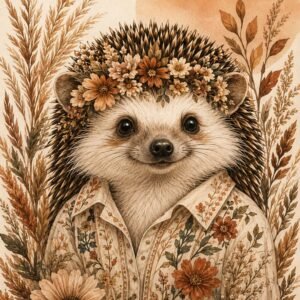 Affiche représentant une composition autour de hérisson floral beige
