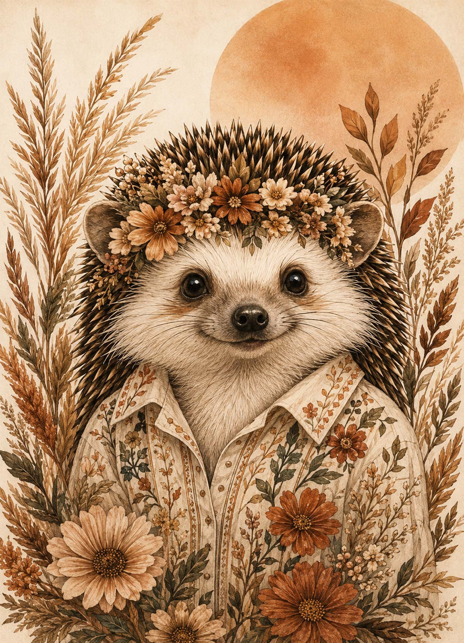 Affiche représentant une composition autour de hérisson floral beige