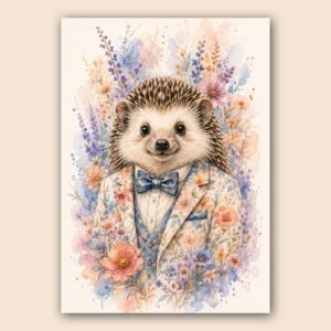Affiche décorative avec hérisson en costume fleuri et fleurs aquarellées