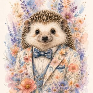 Affiche représentant une composition autour de hérisson fleuri pastel