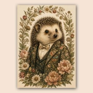 Affiche décorative avec hérisson en costume et fleurs