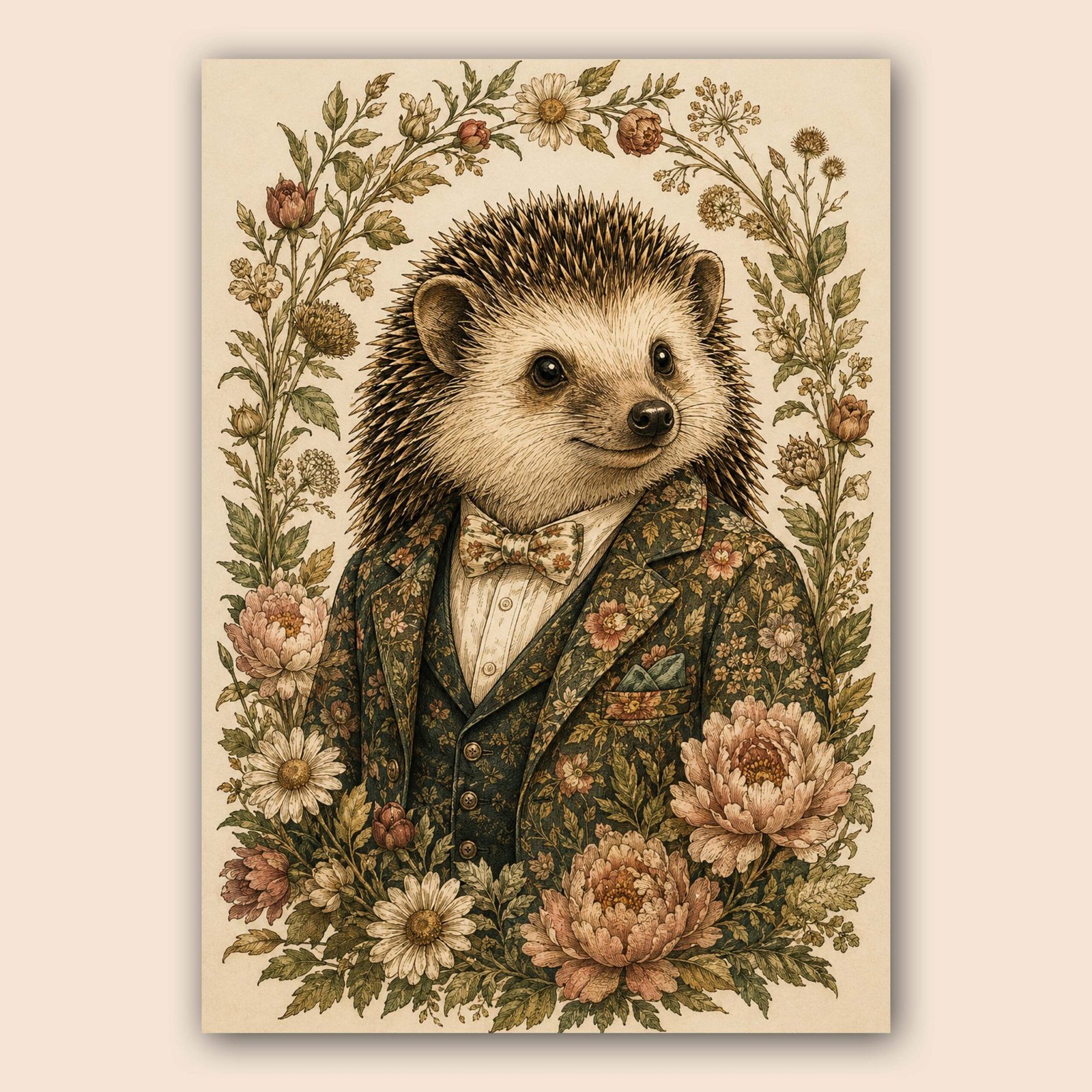 Affiche décorative avec hérisson en costume et fleurs