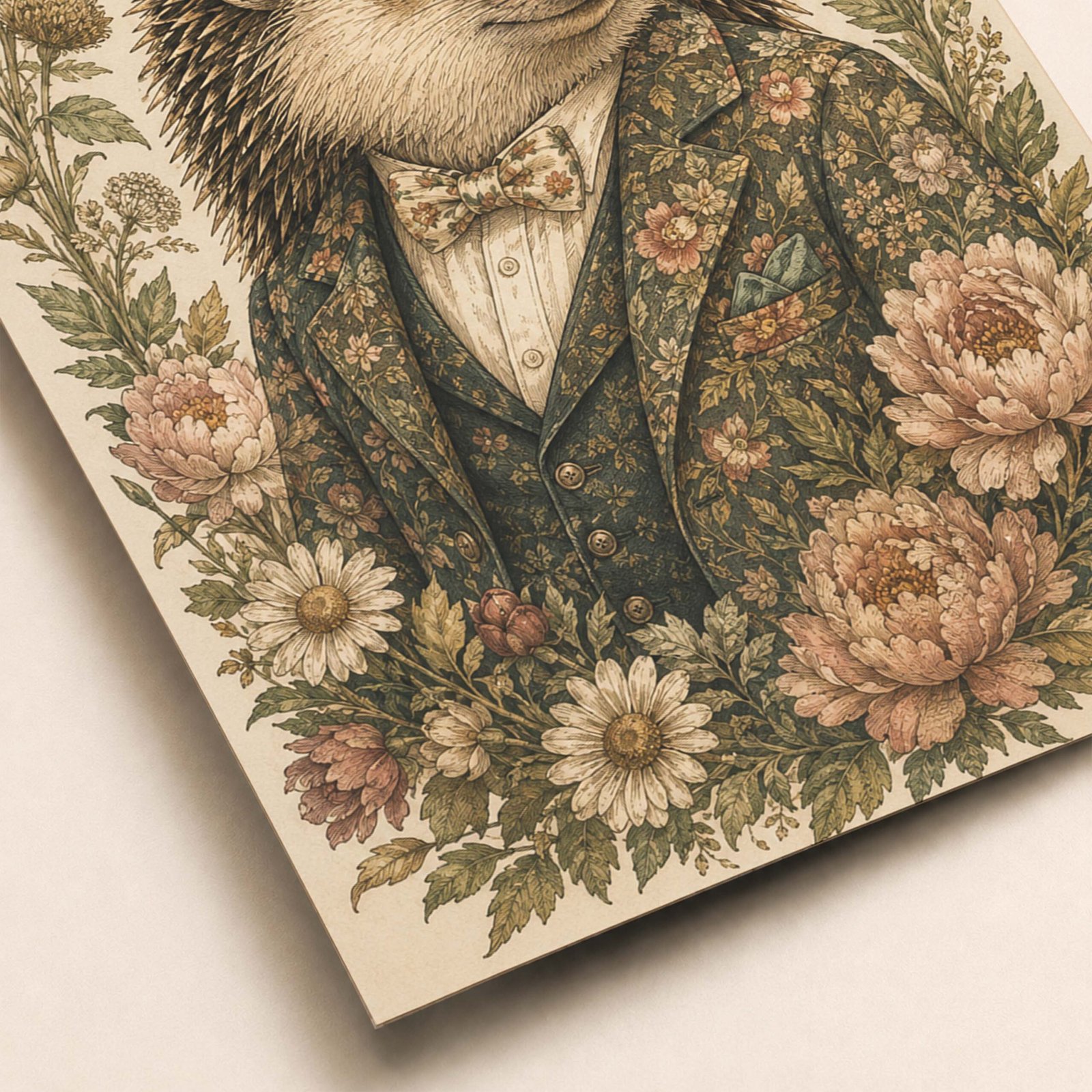 Détail de l’illustration d’un hérisson élégant avec fleurs