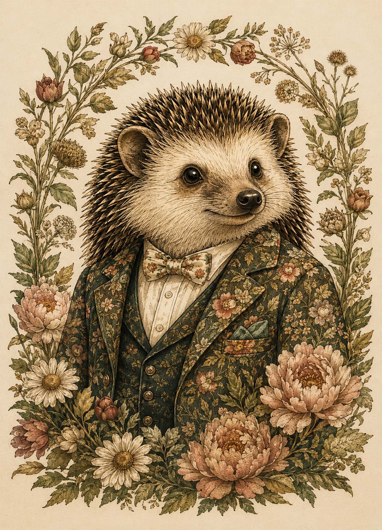 Affiche représentant une composition autour de hérisson floral vintage