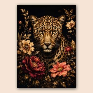 Affiche décorative avec léopard et fleurs sur fond noir