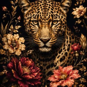Affiche représentant Un léopard au regard intense occupe le centre de la composition, entouré de fleurs généreuses et de feuillages dorés. Le contraste avec le fond noir donne tout de suite une présence forte, chic et très décorative