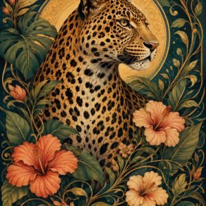Affiche représentant Un léopard majestueux se détache au centre d’un décor végétal luxuriant, entre feuilles tropicales et fleurs aux tons chauds. L’ensemble crée une composition forte, élégante et très décorative
