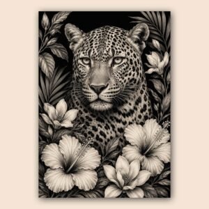 Léopard entouré de fleurs sur fond noir