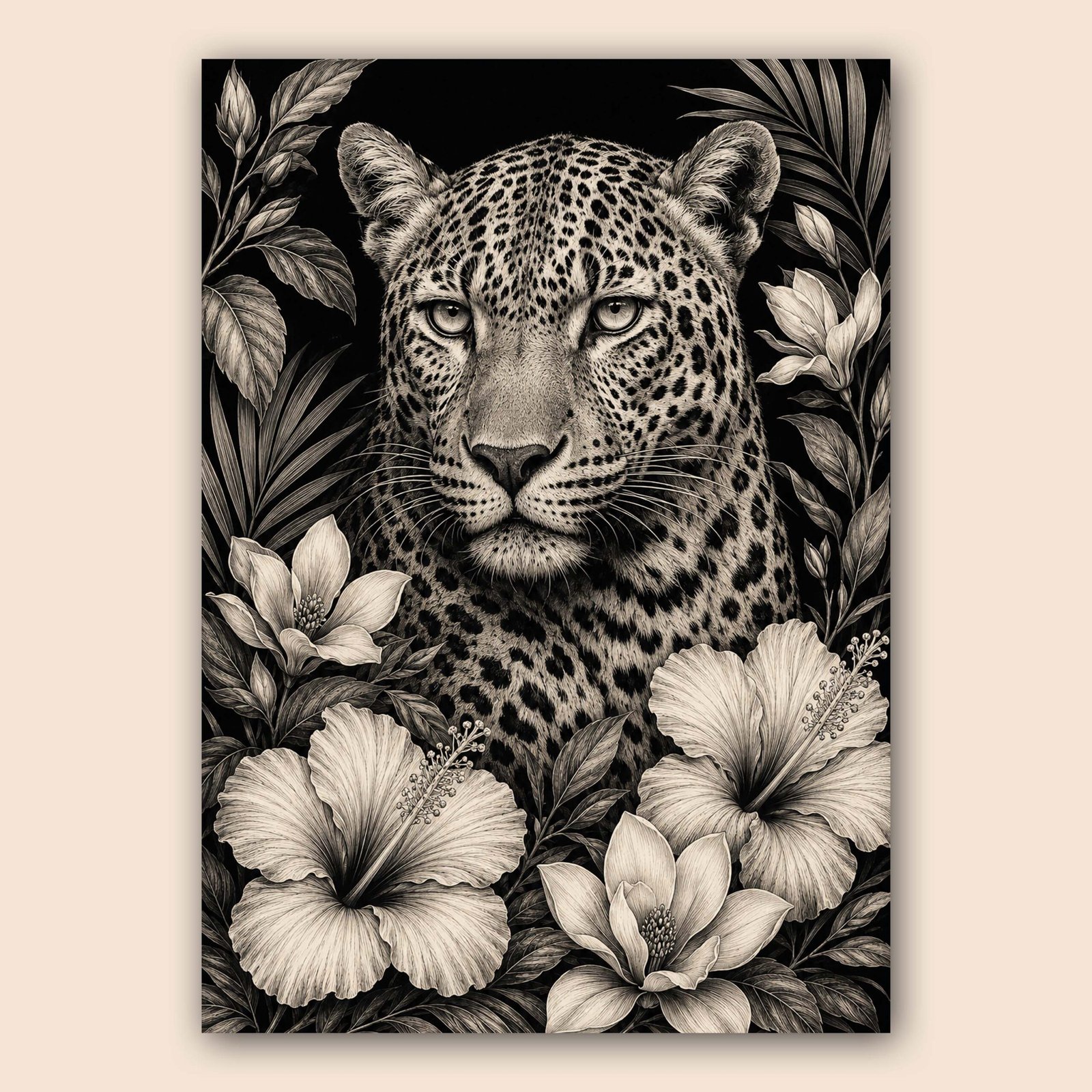 Léopard entouré de fleurs sur fond noir