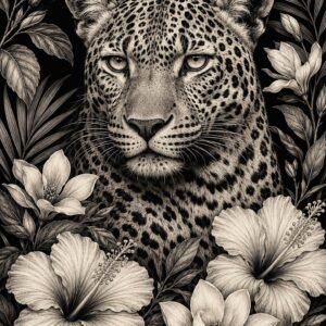 Affiche représentant Un léopard au regard intense occupe le centre de l’image, entouré d’un cadre floral délicat. Le contraste entre la puissance de l’animal et la finesse des fleurs crée une composition forte, élégante et très décorative