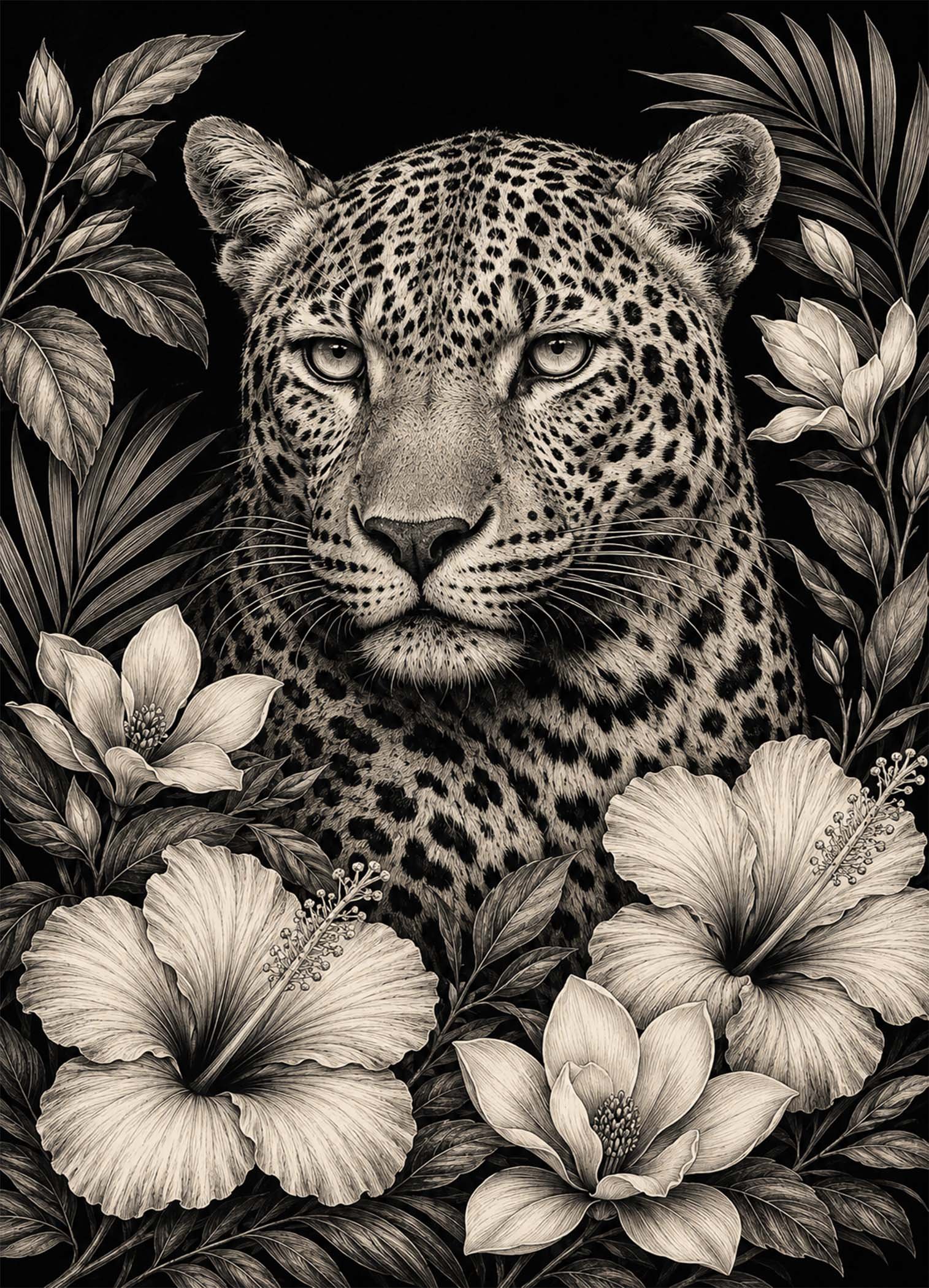 Affiche représentant Un léopard au regard intense occupe le centre de l’image, entouré d’un cadre floral délicat. Le contraste entre la puissance de l’animal et la finesse des fleurs crée une composition forte, élégante et très décorative