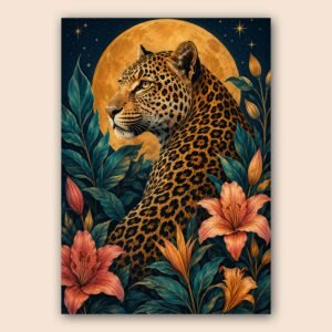 Affiche léopard décorative avec fleurs tropicales et feuillage