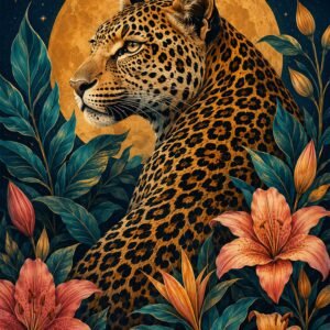 Affiche représentant Un léopard majestueux se détache sur un fond profond, entouré de grandes feuilles et de fleurs aux teintes chaudes. L’ensemble crée une composition forte, décorative et très élégante