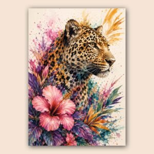 Léopard en portrait avec fleurs tropicales et éclaboussures de couleur