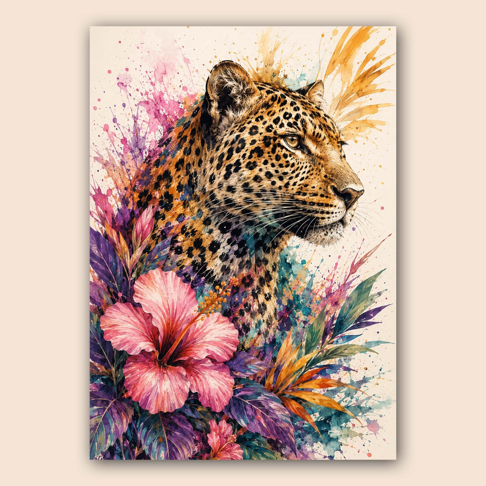 Léopard en portrait avec fleurs tropicales et éclaboussures de couleur