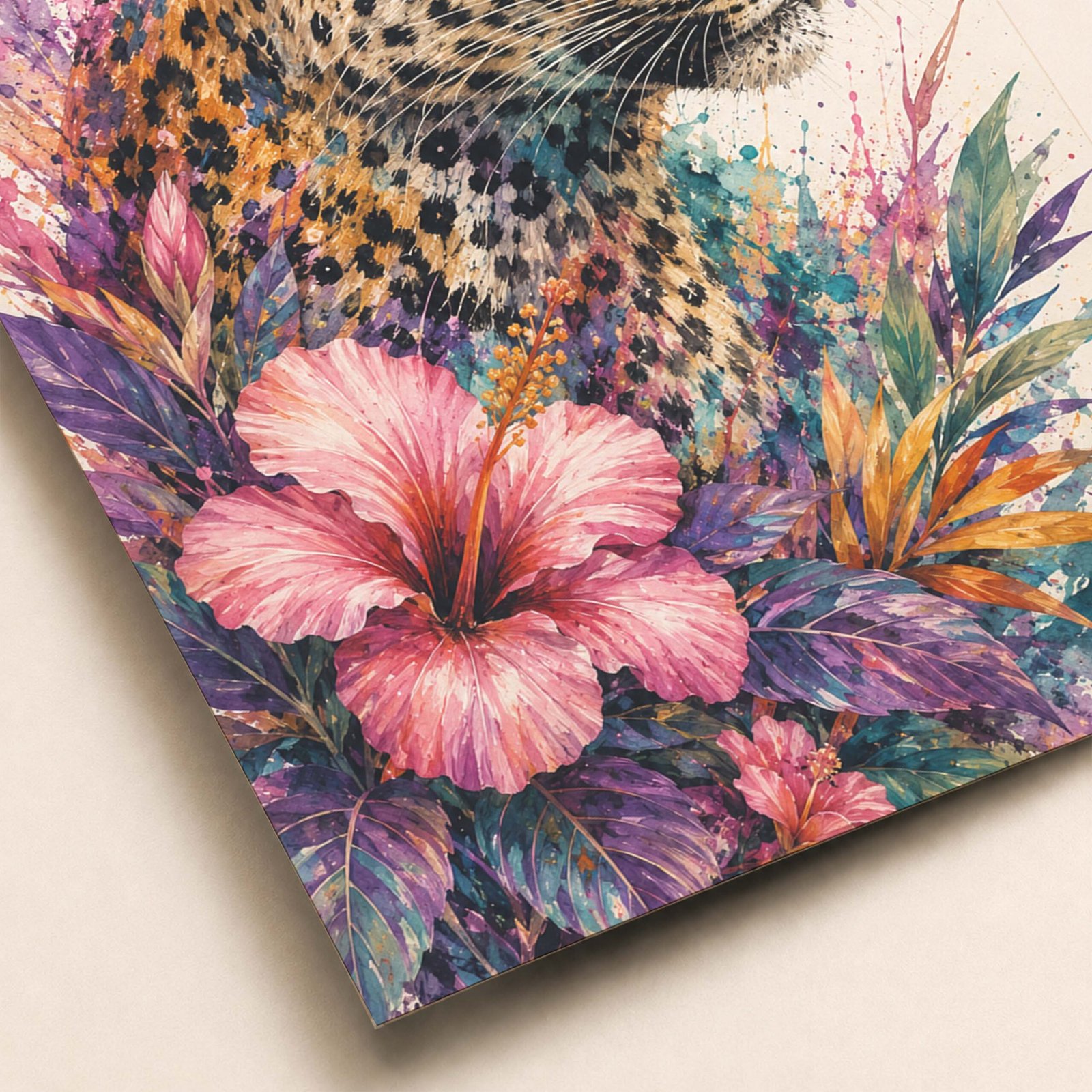 Détail du portrait de léopard et des fleurs colorées en aquarelle