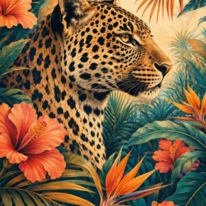 Affiche représentant Un léopard majestueux se détache au cœur d’une jungle tropicale dense, entouré de feuillages luxuriants et de fleurs aux tons chauds. L’ensemble crée une composition forte, vivante et très décorative