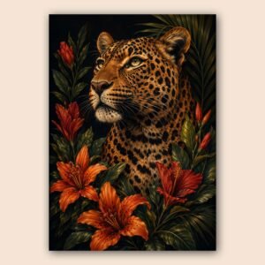 Affiche léopard entouré de fleurs tropicales