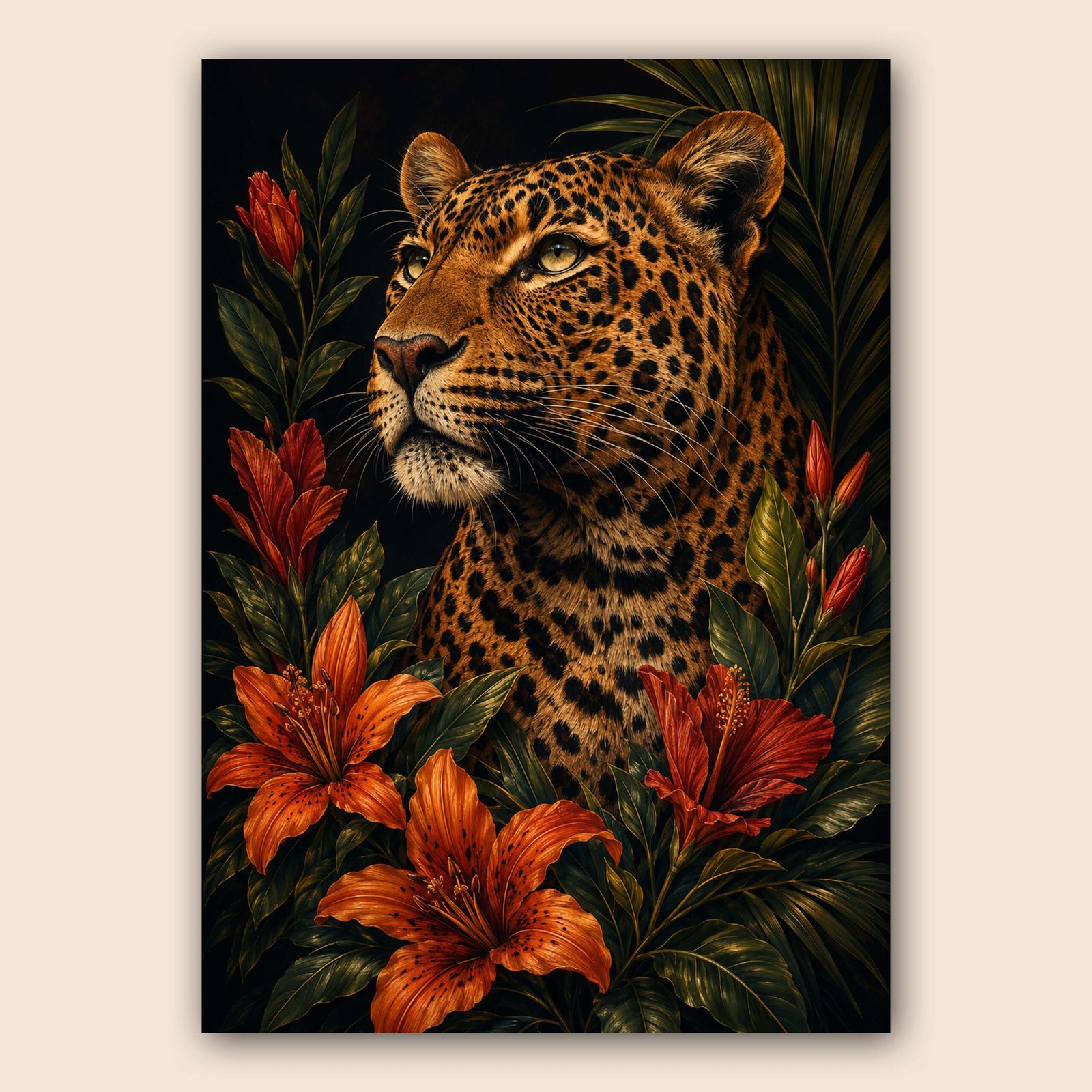 Affiche léopard entouré de fleurs tropicales