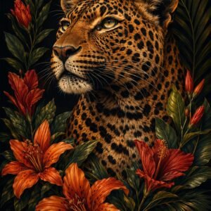Affiche représentant Un léopard majestueux se détache sur un fond sombre, entouré de fleurs tropicales aux tons chauds. L’ensemble crée une composition forte, élégante et très décorative