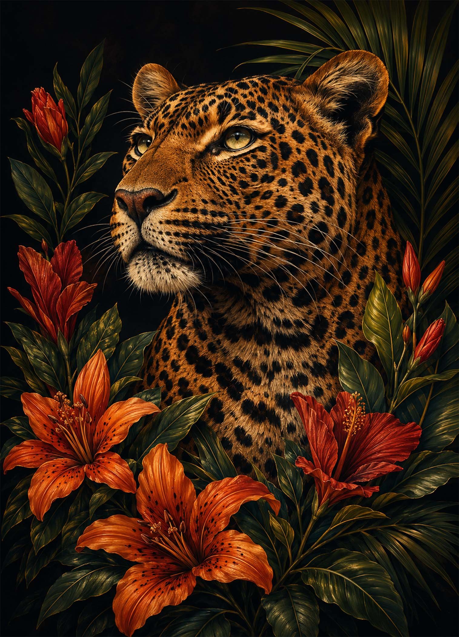 Affiche représentant Un léopard majestueux se détache sur un fond sombre, entouré de fleurs tropicales aux tons chauds. L’ensemble crée une composition forte, élégante et très décorative