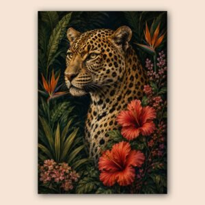 Affiche murale avec léopard et fleurs tropicales sur fond de jungle sombre