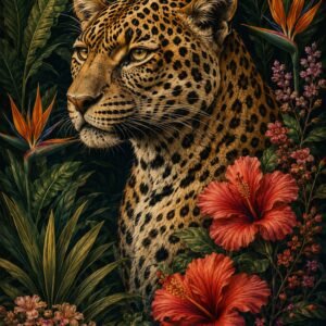 Affiche représentant Un léopard majestueux se détache au cœur d’une végétation dense, entouré de fleurs tropicales aux tons chauds. L’ensemble crée une composition forte, élégante et très décorative