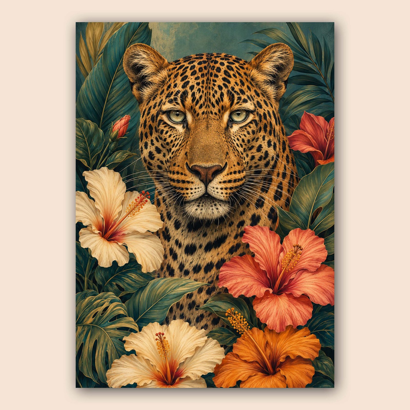 Affiche murale avec léopard, fleurs tropicales et feuillage vert