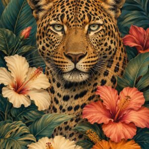 Affiche représentant Un léopard au regard intense se détache au milieu d’un décor tropical luxuriant. Les fleurs généreuses et le feuillage dense créent une composition forte, élégante et pleine de caractère