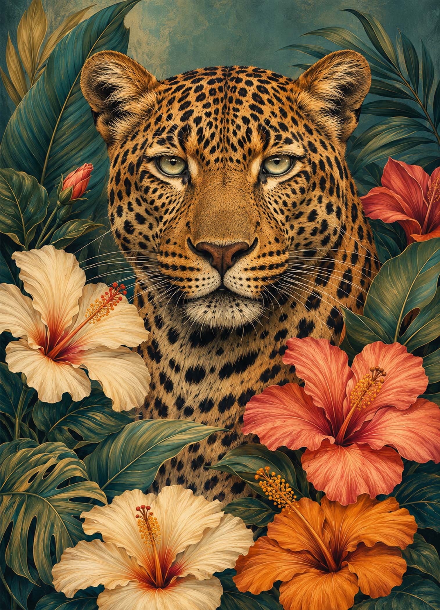 Affiche représentant Un léopard au regard intense se détache au milieu d’un décor tropical luxuriant. Les fleurs généreuses et le feuillage dense créent une composition forte, élégante et pleine de caractère