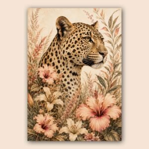 Illustration d’un léopard au milieu de fleurs beige et rose poudré