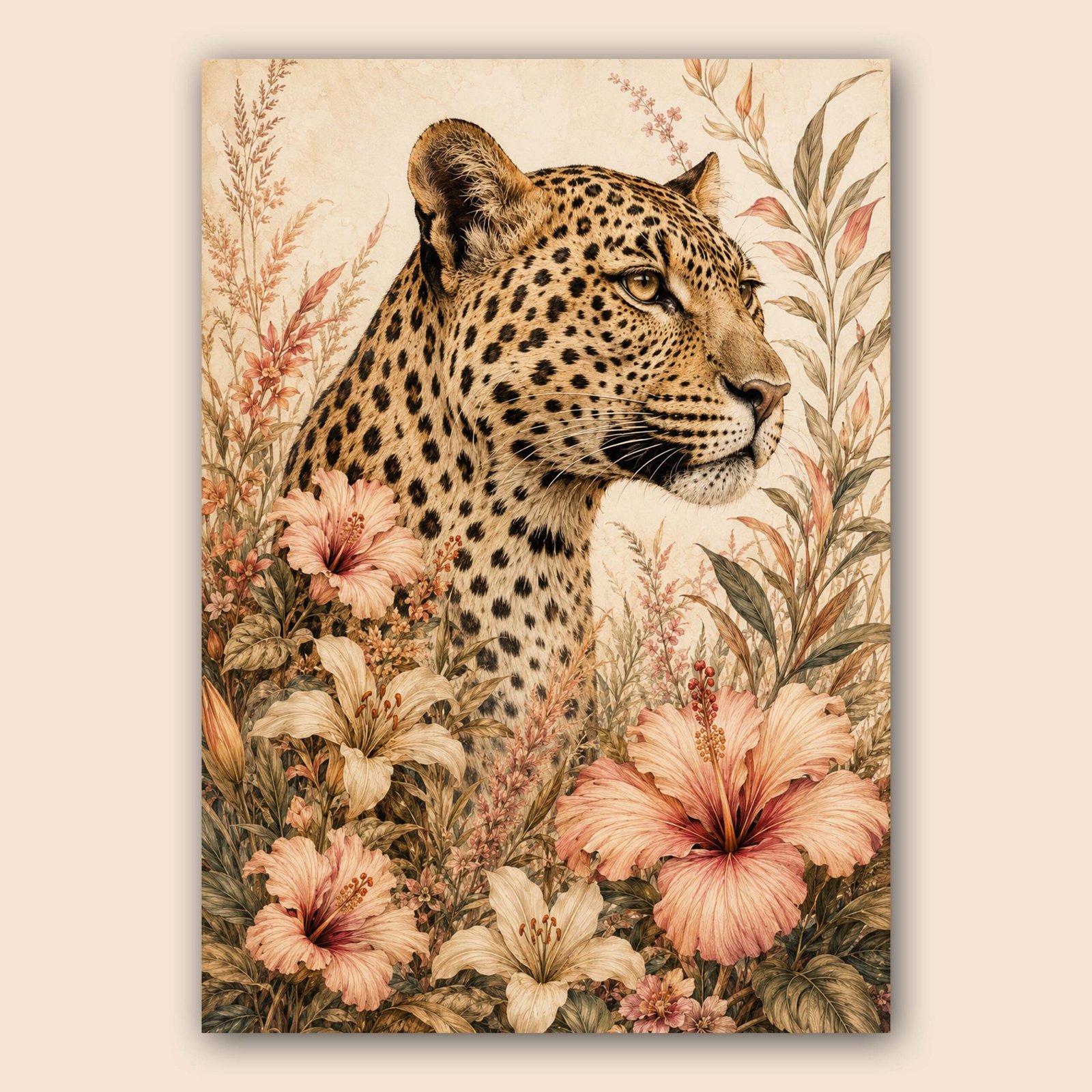 Illustration d’un léopard au milieu de fleurs beige et rose poudré
