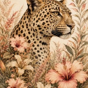 Affiche représentant Un léopard majestueux se détache au milieu d’un décor floral délicat, pour une composition à la fois sauvage et poétique. Les tons beige, rose poudré et vert sauge créent une présence douce, facile à intégrer dans une décoration élégante