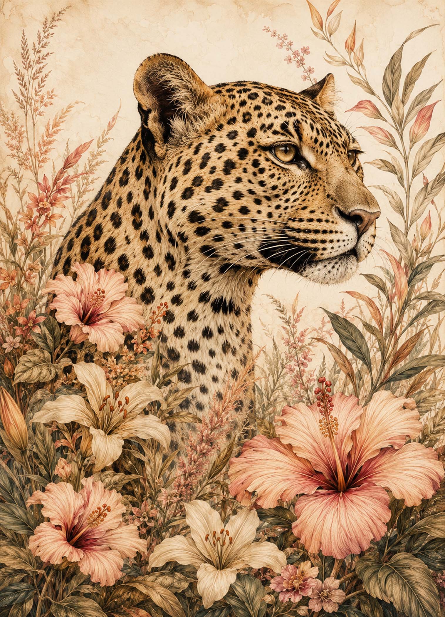 Affiche représentant Un léopard majestueux se détache au milieu d’un décor floral délicat, pour une composition à la fois sauvage et poétique. Les tons beige, rose poudré et vert sauge créent une présence douce, facile à intégrer dans une décoration élégante