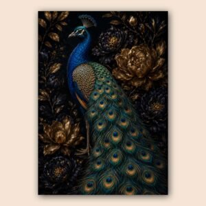 Illustration décorative d’un paon bleu et or entouré de fleurs sombres