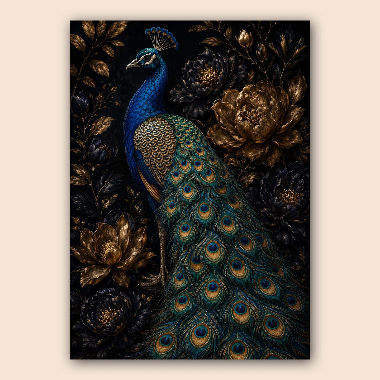 Illustration décorative d’un paon bleu et or entouré de fleurs sombres