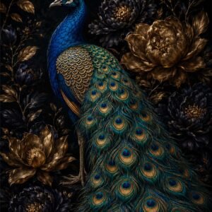 Affiche représentant un paon somptueux, posé au cœur d’un décor floral sombre et raffiné. Le contraste entre le bleu profond de l’oiseau, les reflets verts du plumage et les fleurs dorées crée une composition forte, élégante et très décorative