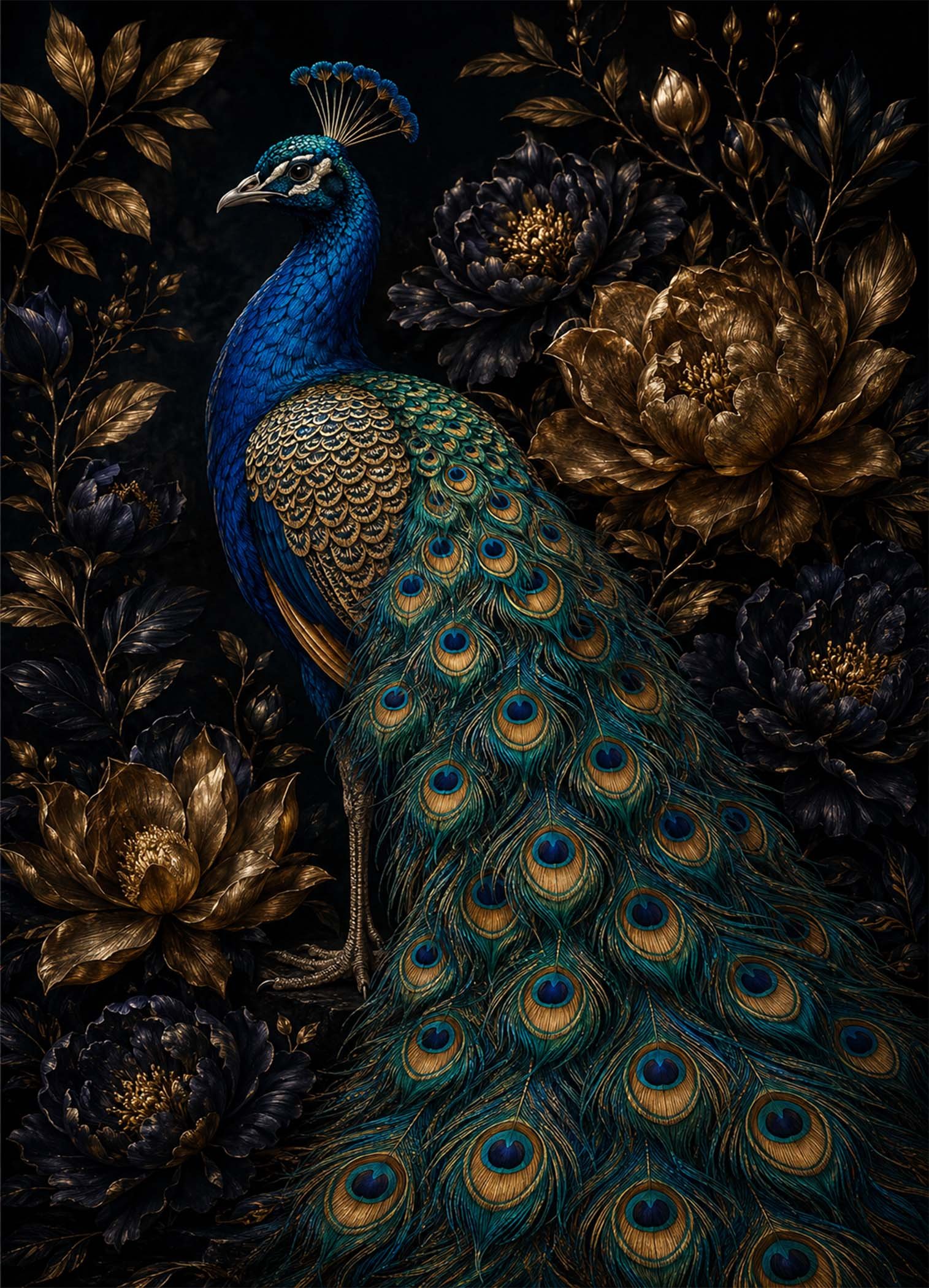 Affiche représentant un paon somptueux, posé au cœur d’un décor floral sombre et raffiné. Le contraste entre le bleu profond de l’oiseau, les reflets verts du plumage et les fleurs dorées crée une composition forte, élégante et très décorative