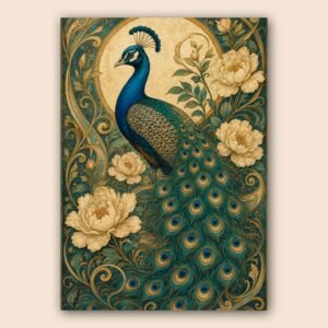 Illustration décorative d'un paon bleu dans un décor floral ornemental