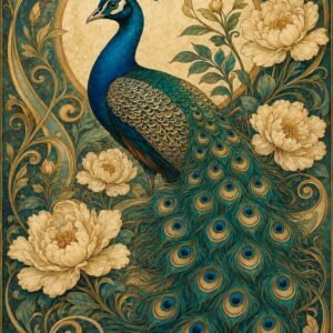 Affiche représentant une composition autour de paon bleu et fleurs dorées