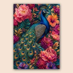 Paon coloré dans un décor floral luxuriant aux tons bleu, rose et orange