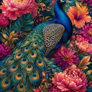 Affiche représentant Un paon majestueux se détache au cœur d’un décor floral foisonnant, entre fleurs éclatantes et feuillage dense. L’ensemble crée une composition riche, vivante et très décorative