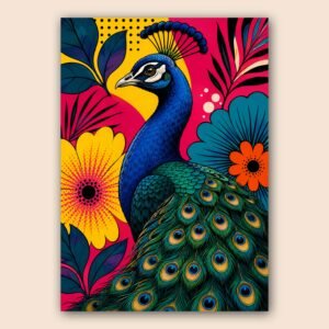 Illustration d’un paon bleu avec fleurs pop art multicolores