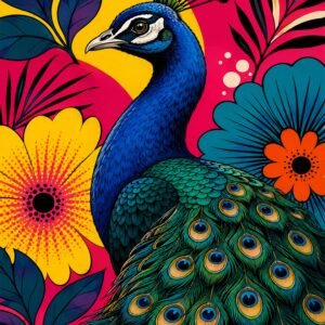 Affiche représentant un paon majestueux au cœur d’un décor floral ultra coloré. Le contraste entre le bleu profond de l’oiseau et les fleurs vives crée une composition forte, expressive et très décorative