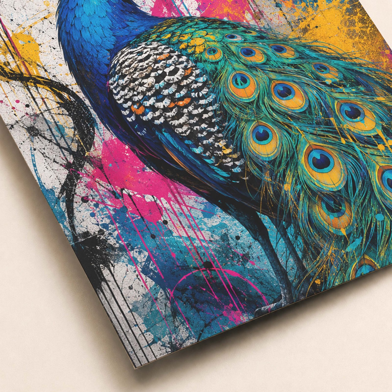 Détail du plumage du paon et des éclaboussures graffiti
