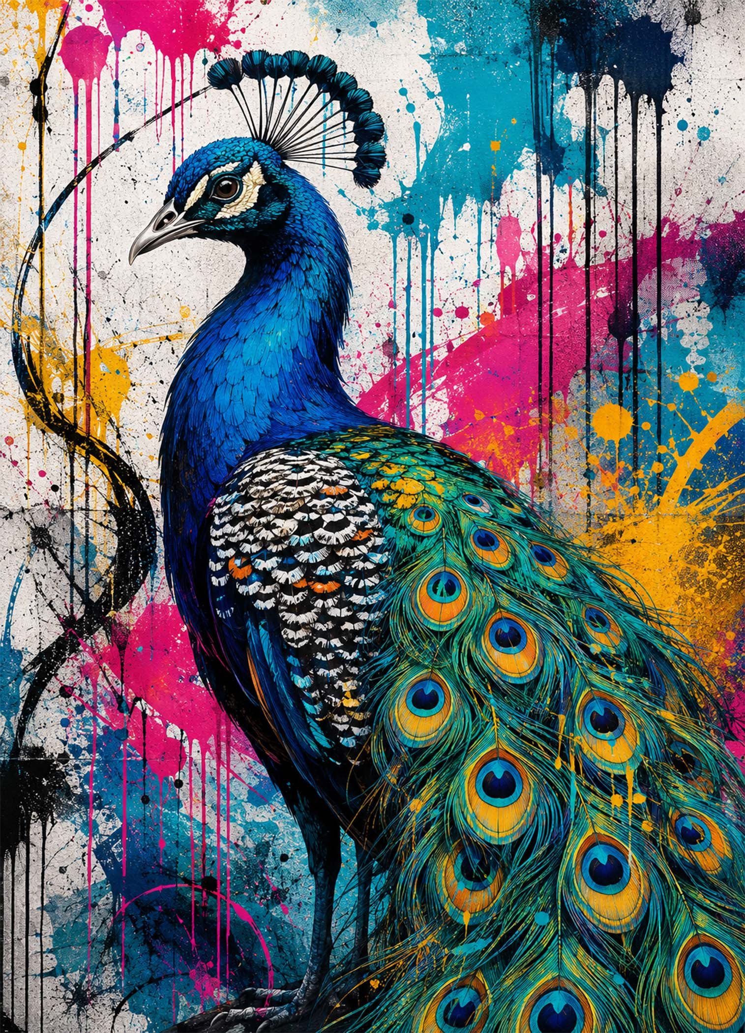 Affiche représentant une composition autour de paon coloré street art