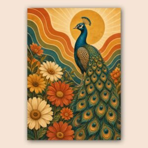 Affiche décorative avec paon et fleurs aux tons chauds