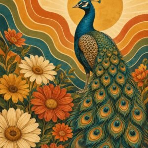 Affiche représentant Un paon majestueux se détache au milieu d’un décor floral généreux, porté par des courbes rétro et des teintes chaudes. L’ensemble crée une composition riche, vivante et très décorative