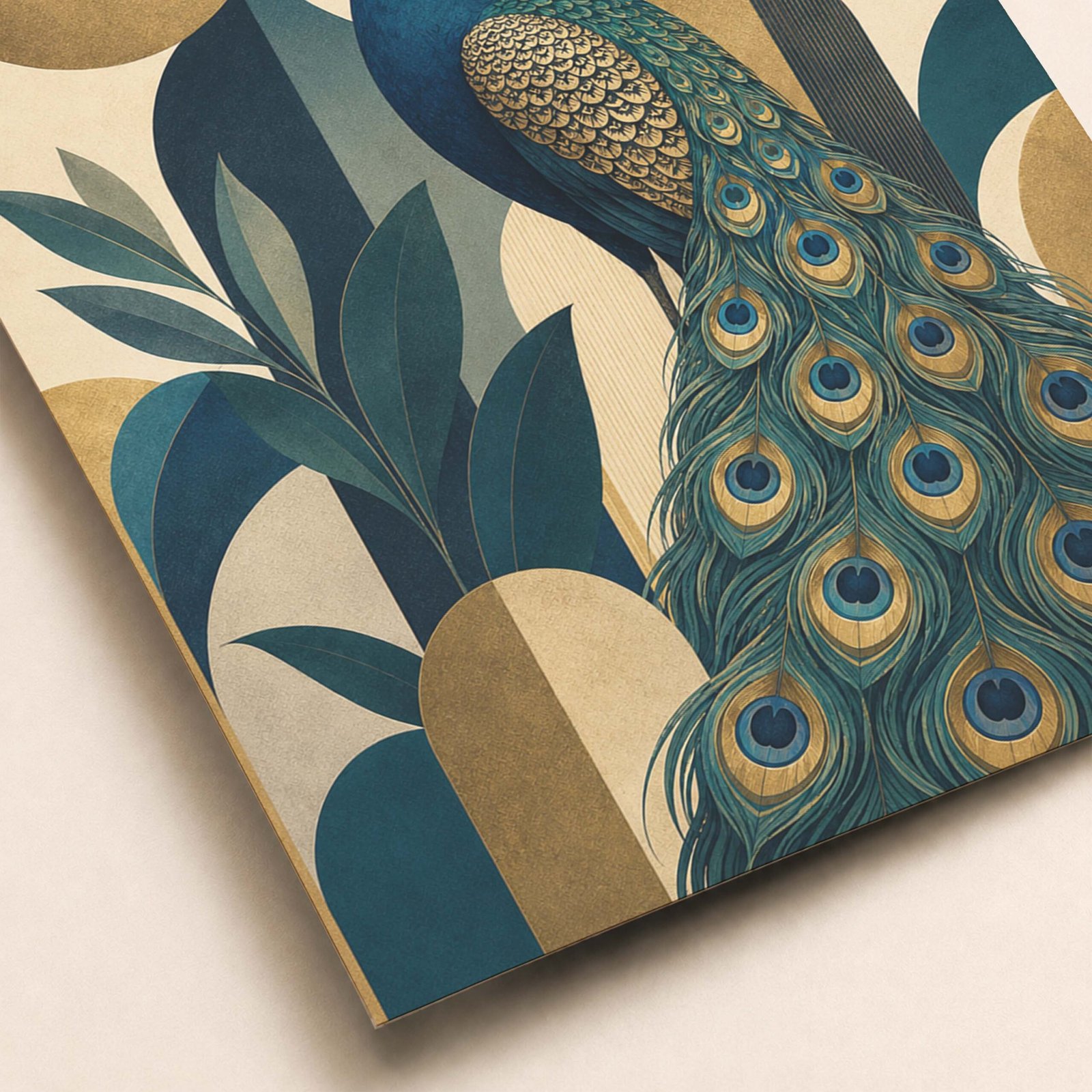 Zoom sur le plumage détaillé du paon stylisé et les motifs décoratifs